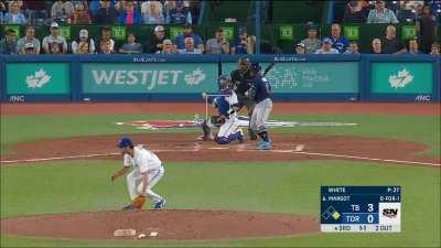 [Highlight] Something you might never see again: Base-runner Randy Arozarena is sent back to first base TWICE in the same at-bat because the batter at the plate impeded the catcher with an inadvertent backswing.