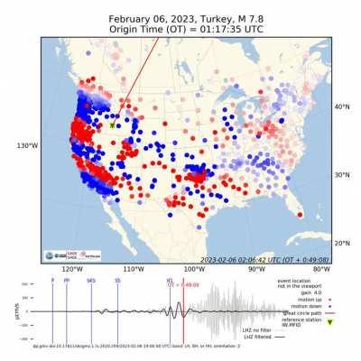 the waves from the M7.8 earthquake in Turkey roll across seismic stations in North America. [ source: GMV , Irish edu ]