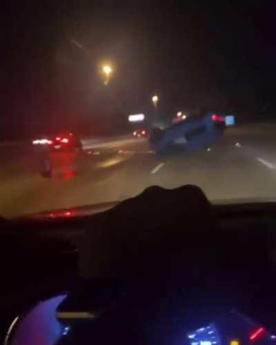 Car hits tire at the perfect/worst angle