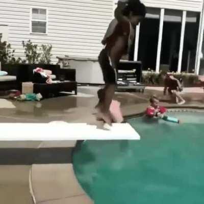 Kids successfully fails to dive into a pool