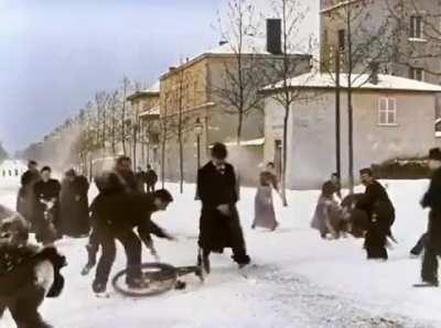 Snowball fight in Lyon, France, in 1896