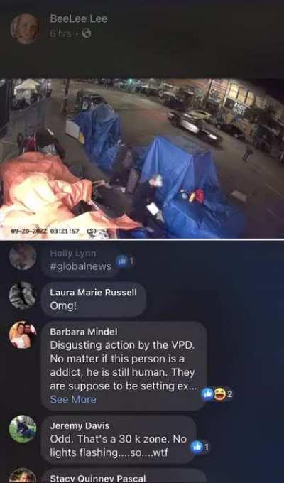 VPD (Vancouver Police Deartment) hits pedestrian on E Hastings, HARD. Area is 30kmph zone, and the center of homelessness and addiction.