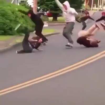 Multiple skateboarding meat crayons.