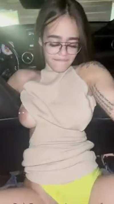 1 tit out, panties on the side & fucked in the car.