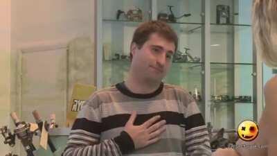 Blonde woman pranks unsuspecting men on hidden camera show.