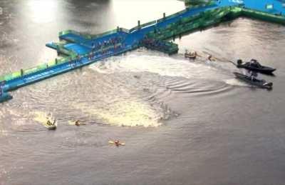False start on the men’s triathlon due to a boat blocking half the athletes entry to the water, the boat then almost reverses over athletes in the water