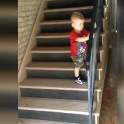 going downstairs by himself for the first time