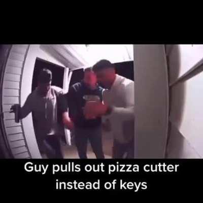 We will never know why he has that pizza cutter.