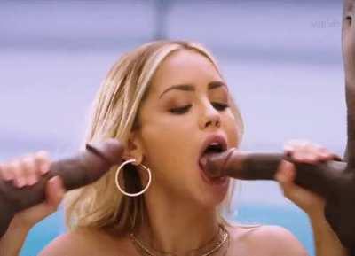 Teasing two cocks with her amazing tongue