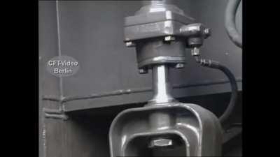 The German BR 610 demonstrates its ability to hydraulically tilt itself up to 8°. This technology made it able to drive 30% faster through curves than conventional trains.