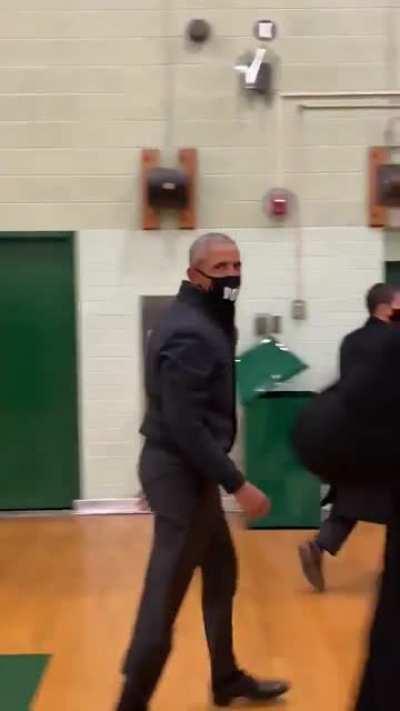 President Obama casually drained a three-pointer after a Michigan rally today