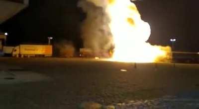 Truck on fire explodes near gas station (I rate the camera man 10/10)