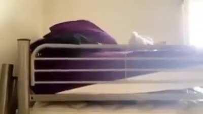 Girl tries to do yoga with a bed