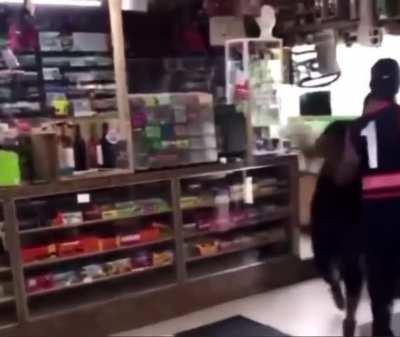 To harass a store worker - but how in the hell he still standing?