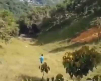 Off the country road he goes