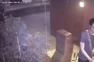 Robber attempts to rob a place just after an employee unlocks and enters the door, the employee manages to lock the door just in time making the robber walk away in defeat. (No Audio)