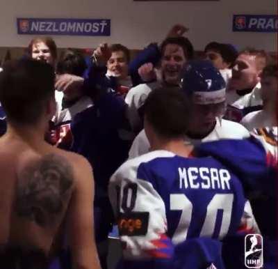 Team Slovakia celebrating their win against USA at WJC