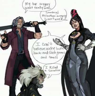 Devil May Cry X Bayonetta x Metal Gear animated crossover, where the main characters are Trans. Funnywes came up with the dubbing. the artist, OkamiWolven