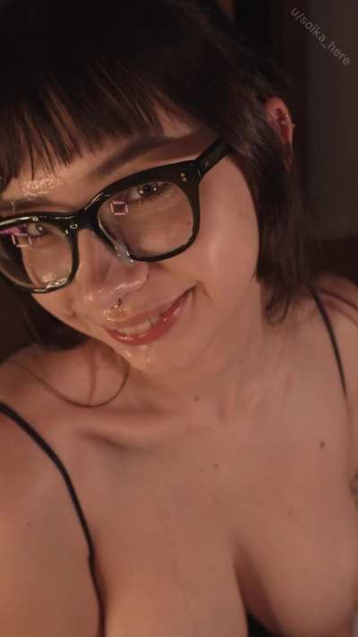 Blushing under the cum… but loving every drop