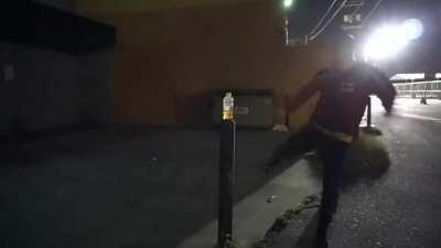 Try to kick the bottle but ended up kicking a metal pole