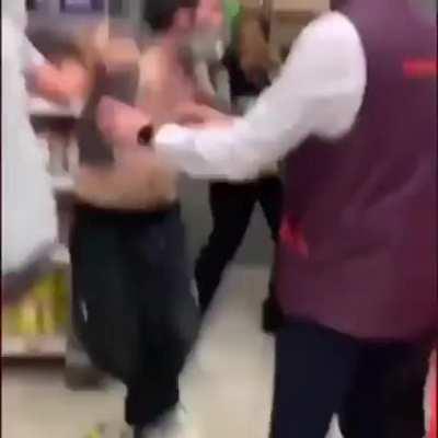 Homeless guys are to much work for shop security. As one decides to free his mate.