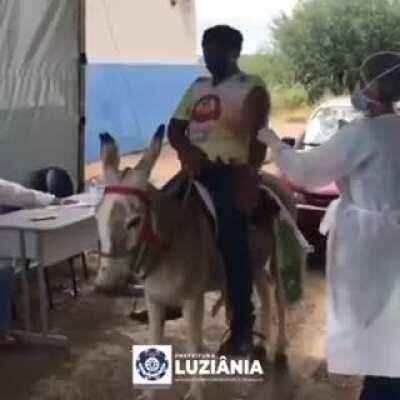 João de Abreu received the vaccine mounted on a donkey in a drive-thru