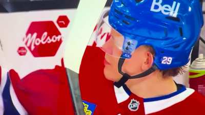Kaiden Guhle’s 100% ready for the third period against the Preds — man sniffed enough ammonia to revive a whole locker room 😳💀