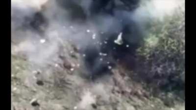 Russian soldier picks up a drone and blows up, another Russian soldier gets pulverized by an FPV drone, the last one gets pulverized by a drone dropped grenade.