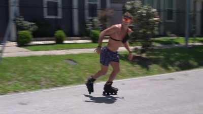 I produce my own music and test it on my blades out on the streets. Someone caught a video of said ridiculousness.