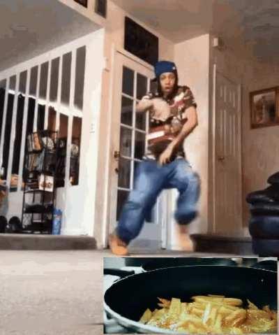 Trying to throw a piece of french fries in the pan be like