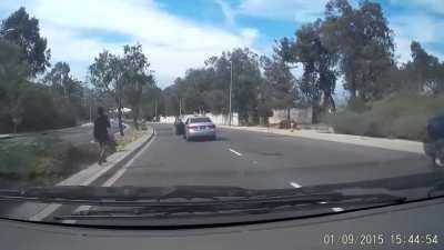 Woman gets out of a moving car and turns into a NPC