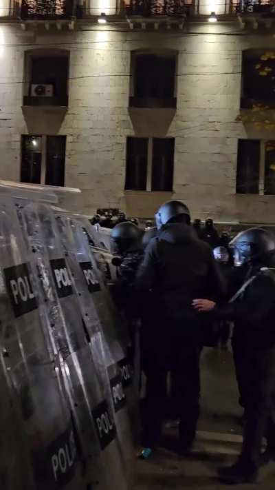 Georgian protester rips apart the police barricade