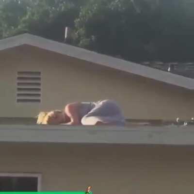 Drunk white lady standing on her roof, bangs beer can on her head, slips on a skateboard while being flipped off by a 5 year old child standing near a care free pig