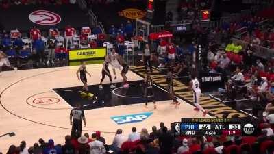 [Highlight] Embiid beats the shot clock with the post fade over the double team and stares down the Atlanta fans