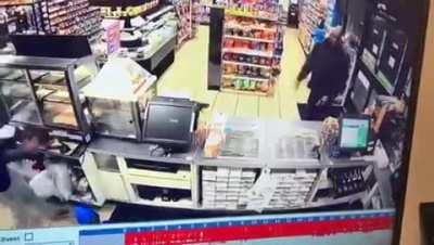 2 idiots jump the counter and attempt to rob a 7-11 with a fake gun. Badass security guard sneaks in front door and shoots them both. One robber yells "my gun is fake" security guard responds "oh well, mine is real"