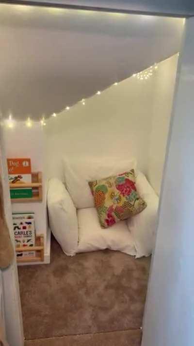 A secret book nook for my kiddo, hidden behind a closet.