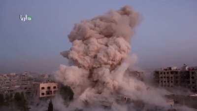 Regime helicopters dropping homemade barrel bombs. Daraya, Syria. November 2015.