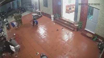 Happened yesterday in Vietnam. Not sure how it happened, the guy on the floor is still alive but in critical condition.