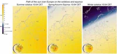It's the equinox tomorrow, here is the path of the sun over Europe on the equinoxes and solstices. [OC]