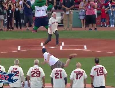 Camera guy gets hit in the balls during first pitch