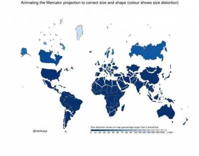 Animating the Mercator projection to correct size and shape (colour shows size distortion) [OC]