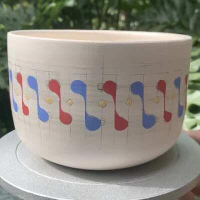 The few hours painting this will hopefully be worth it once fired! This is another original mid-century inspired design to go on some planters! This took even longer than the last one, and it still needs to be glazed and fired. I’m looking forward to the 