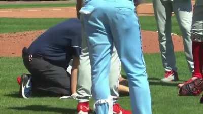 Jose Alvarez takes 105 MPH hit to groin