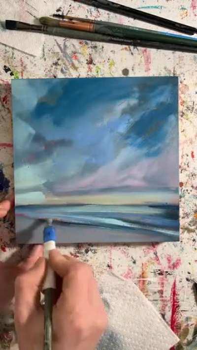 Sky painting with oil paint on wood panel