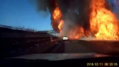 Car drives over spilled liquefied petroleum gas