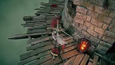 Looks like he cuts his hand on the blade, perhaps dealing more damage at the cost of some HP. (apologies if this has been posted before).