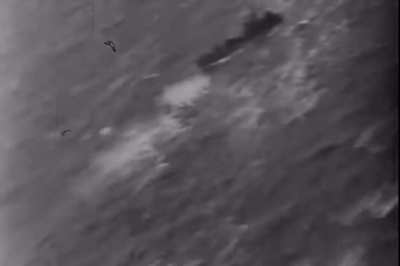 Lt. Albert of the 351st Sqn strafing a German transport ship on Feb 3rd 1944 with his P-47 in the 8th Air Force area of responsibility (Western Europe)