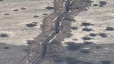 A Russian trench between Verbove and Novoprokopivka taking artillery fire from Ukrainian forces very recently on the south front