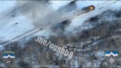 A hit from short distance on russian APC by ukrainian soldier in a trench