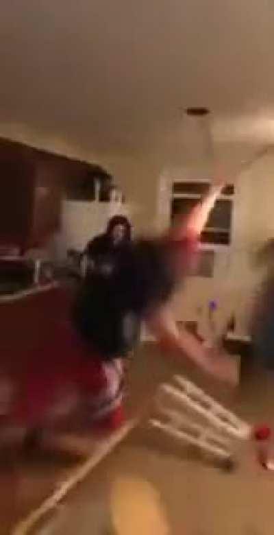 Breaking the ceiling fan and hitting someone in the face with it